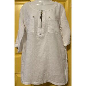 Ellen Tracy Linen Blouse SZ Large Roll-tab Sleeves Sustainable Breathable Gold